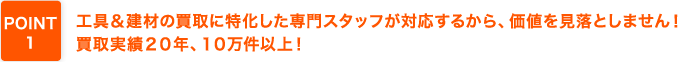 工具＆建材の買取に特化した専門スタッフが対応するから、価値を見落としません！買取実績２０年、１０万件以上！